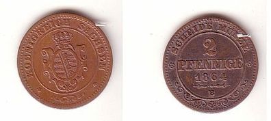 2 Pfennige Kupfer Münze Sachsen 1864 B sehr schöne