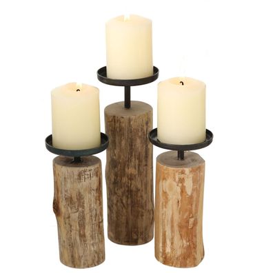 Eukalyptus Kerzenhalter 3er Set - 24 / 19 / 15 cm - Holz Kerzen Ständer massiv Stamm