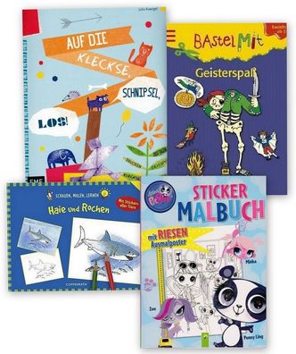 NEU! 4-tlg. Mal-Bastel-Buchpaket Kinder 4-6 Jahre Malen Basteln Stickern Lernen