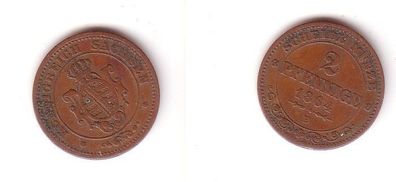 2 Pfennige Kupfer Münze Sachsen 1864 B noch sehr schöne