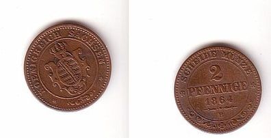 2 Pfennige Kupfer Münze Sachsen 1864 B ss-
