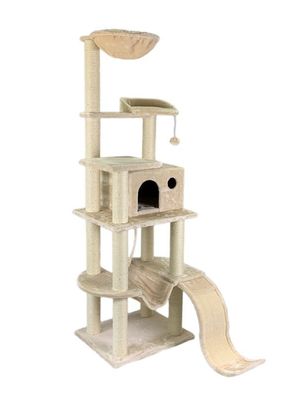 Katzen-Kratzbaum XXL beige FABIO mit Katzenspielzeug, Kratzbrett, Wohnhöhle
