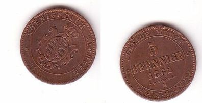 5 Pfennige Kupfer Münze Sachsen 1862 B f. ss
