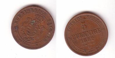5 Pfennige Kupfer Münze Sachsen 1862 B noch ss
