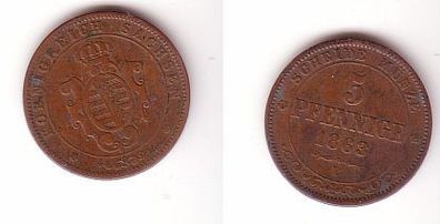 5 Pfennige Kupfer Münze Sachsen 1863 B f. ss