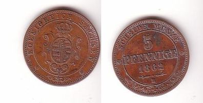 5 Pfennige Kupfer Münze Sachsen 1862 B ss