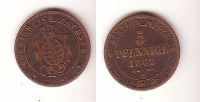 5 Pfennige Kupfer Münze Sachsen 1862 B fast sehr schöne