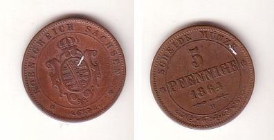 5 Pfennige Kupfer Münze Sachsen 1864 B fast sehr schöne