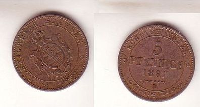 5 Pfennige Kupfer Münze Sachsen 1867 B fast sehr schöne Erhaltung
