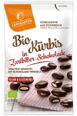 50g Bio Kürbis in Zartbitter-Schokolade veredelt, Snack, vegan, glutenfrei Landgarten