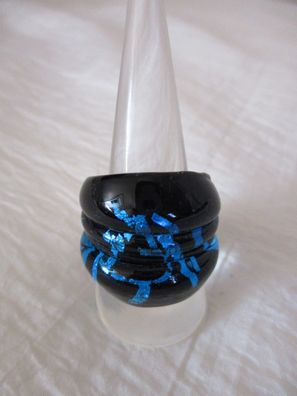 Ring Groß Glas Schwarz mit blauen Glitzer Gr 17 stabil