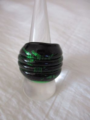 Ring Groß Glas Schwarz mit grünen Glitzer Gr 17 stabil