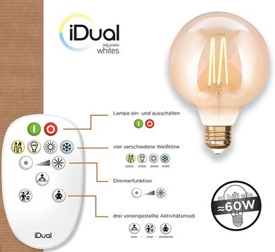 iDual LED Leuchtmittel Filament E27 G95 amber dimmbar 806lm 9W inkl. FB