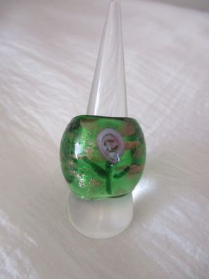 Ring Groß Glas Grün mit Blume und Glitzer Gr 16 stabil