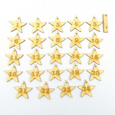 Adventskalender Zahlen Sterne 1-24 mit 1 Loch Anhängen Weihnacht Basteln Holz