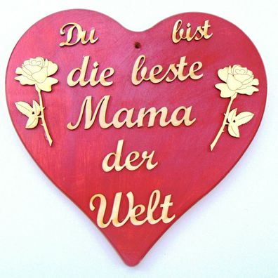 Du bist die beste Mama der Welt, Ahorn Holzbrett rotmetallic, Geschenk Spruch