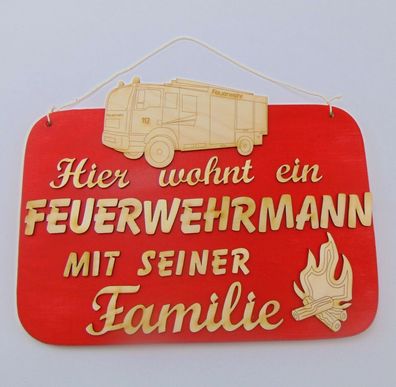 Feuerwehrmann mit seiner Familie Spruchschild aus Holz Weihnachten Geschenk
