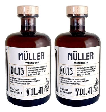 Müller s Premium Dry Gin No13 - 2er Set Der Müller Gin 0,5L (41% Vol)- [Enthält