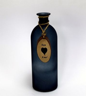 Vase Glas 20,5 cm dunkel blaugrau mit Holz Anhänger Enjoy X-mas Advent schmal