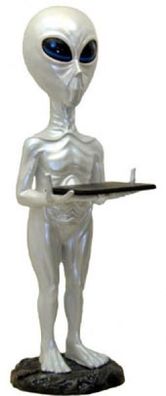 Alien mit Tablett mit Tablett lebensgroß 100cm für draußen aus Polyresin