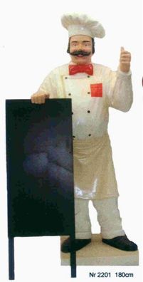 Koch mit stehender Menütafel mit Angebotstafel lebensgroß 180cm für draußen aus GFK