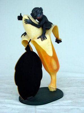 Affe auf Banane mit Display lebensgroß 90cm für draußen aus Polyresin