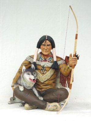 Indianer Krieger mit Wolf lebensgroß 110cm für draußen aus GFK