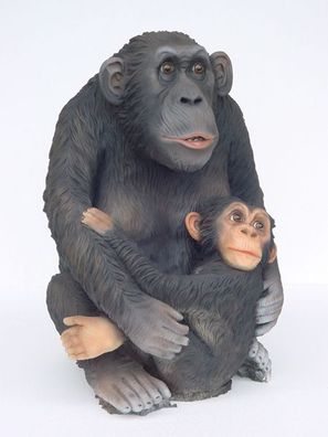Affe Schimpanse mit Jungen lebensgroß 85cm für draußen aus GFK