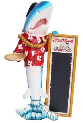Hai als Butler mit Angebotstafel mit Angebotstafel lebensgroß 168cm für draußen aus P