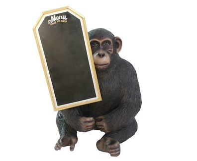 sitzender Affe mit Angebotstafel mit Angebotstafel lebensgroß 75cm für draußen aus Po