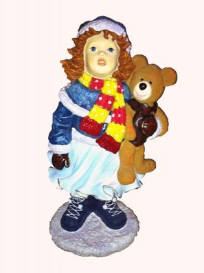 Wintermädchen mit Teddy lebensgroß 75cm für draußen aus Polyresin