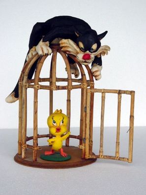 Katze und Vogel am Käfig lebensgroß 56cm für draußen aus Polyresin