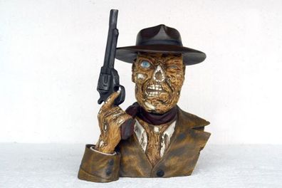 Cowboykopf mit Revolver lebensgroß 52cm für draußen aus Polyresin