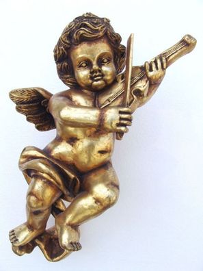 Engelputte hängend mit Violine gold verkleinert 64cm für draußen aus Polyresin