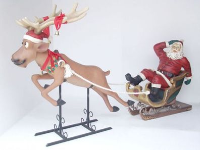 Lustiger Rentierschlitten mit Weihnachtsmann lebensgroß 150cm für draußen aus GFK