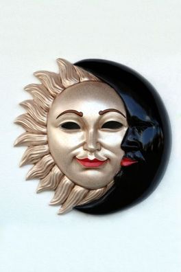 Maske Sonne-Mond Weißgold-Schwarz lebensgroß 78cm für draußen aus Polyresin