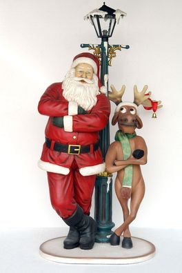 Weihnachtsmann an Laterne mit lustigem Rentier lebensgroß 186cm fér draußen aus GFK
