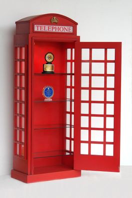 Halbe Londoner Telefonzelle als Wandvitrine lebensgroß 215cm fér innen aus Holz