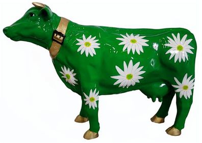Kuh grén mit Margariten verkleinert 70cm fér draußen aus Polyresin