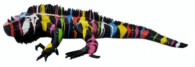 Leguan schwarz bunter Farbverlauf lebensgroß 25cm fér draußen aus Polyresin