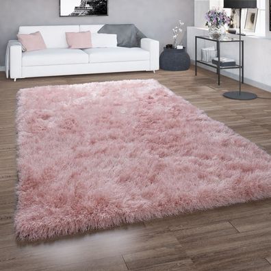 Hochflor-Teppich Für Wohnzimmer, Shaggy Mit Glitzer-Garn, Einfarbig In Rosa