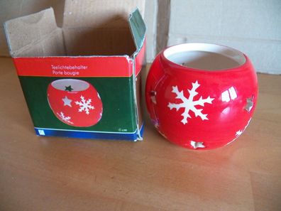 Weihnachtsdeko Teelichthalter Kugel rot mit Sternen u. Schneeflocken