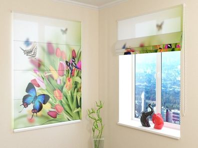 Raffrollo mit Kettenzug "Tulpen und Schmetterlinge" Fotorollo, Faltrollo mit 3D Foto