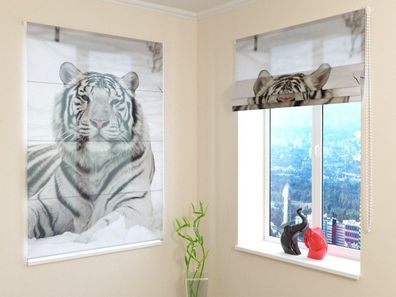 Raffrollo mit Kettenzug "Weisser Tiger im Schnee" Fotorollo, Faltrollo mit Fotomotiv