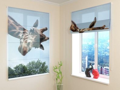 Raffrollo mit Kettenzug "Giraffe" Fotorollo, Faltrollo, Raffgardine mit 3D Druckmotiv
