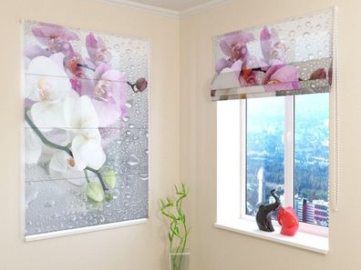 Raffrollo mit Kettenzug "Orchideen und Regen" Fotorollo, Faltrollo mit 3D Fotodruck
