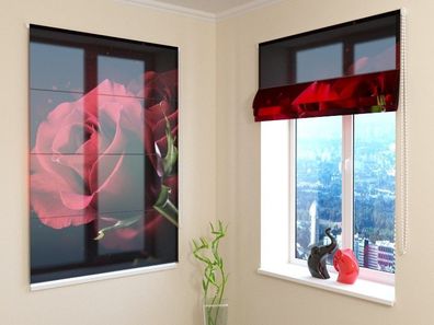 Raffrollo mit Kettenzug "Rote Rosen und Herzen" Fotorollo, Faltrollo mit 3D Fotodruck