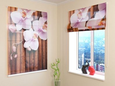 Raffrollo mit Kettenzug "Orchideen auf trockenem Bambus" Faltgardine mit 3D Fotodruck