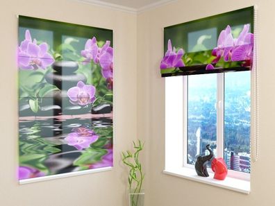 Raffrollo mit Kettenzug "Lila Orchideen im Garten" Fotorollo, Faltgardine mit 3D Foto