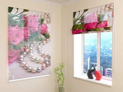 Raffrollo mit Kettenzug "Rosen und Perlen" Fotorollo, Faltrollo mit 3D Druckmotiv